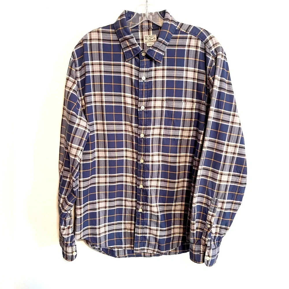 J. Crew Men’s Cotton Plaid Button Down Long Sleeved Shirt Blue/White Size Large